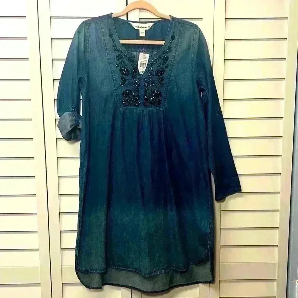 Tantrums Long Sleeve Embroidered Beaded Ombré Denim Dress Size Small NWT